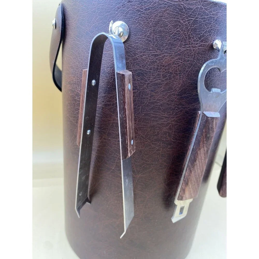 Vintage MCM Ice Bucket Brown Leather Vinyl With Handle And Bar Tools Mid Century